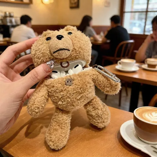 Miniatura 3 de Bonita funda de peluche única y esponjosa con diseño de oso de peluche marrón compatible con Airpods Pro y Pro 2ª funda de auriculares de dibujos