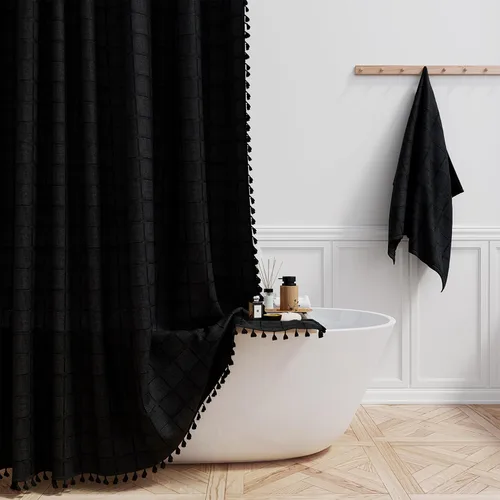 Miniatura 16 de BTTN Juego de cortinas de ducha estilo bohemio de granja con borlas, tela rústica de lino resistente, repelente al agua, cortinas de ducha gruesas A