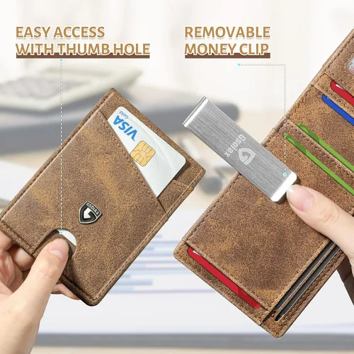Miniatura 44 de GSOIAX Cartera delgada de cuero plegable RFID para hombre, billetera minimalista con bolsillo frontal con clip para dinero, 12 ranuras para Negro