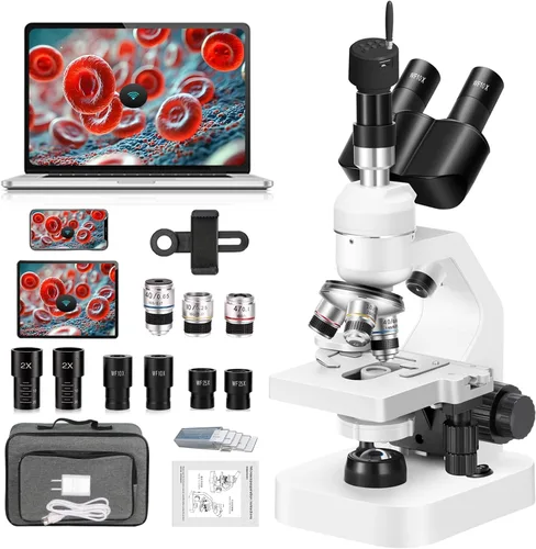 Microscopio trinocular 40x-2000x Ampliación de doble capa con luces LED en la parte superior e inferior, perillas de enfoque dual gruesas y