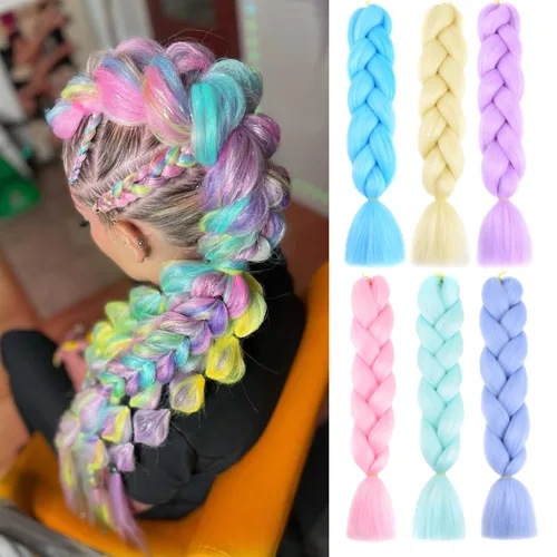 Miniatura 16 de Paquete de 3 extensiones de cabello trenzado de colores de 24 pulgadas, extensiones de cabello sintético para trenzar, morado, verde, amarillo