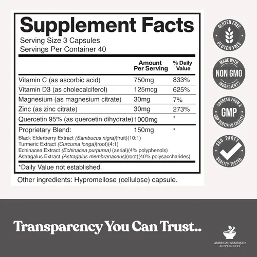Miniatura 2 de American Standard Supplements Quercetina 1000 mg por porción con zinc, vitamina C, vitamina D3, magnesio, saúco, equinácea, cúrcuma, astrágalo, sin