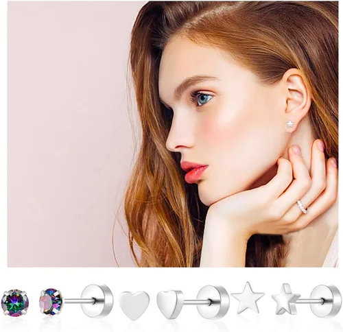 Miniatura 4 de 18 pares de aretes tipo dormilona para mujeres y hombres, de acero inoxidable quirúrgico 316L, hipoalergénicos, con parte trasera plana, aretes