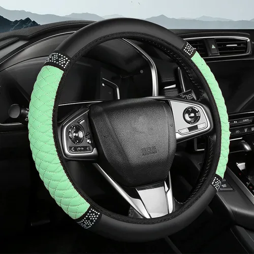 Miniatura 16 de Funda brillante para volante de automóvil, 15 pulgadas, con diamantes de imitación de cuero suave, protector elástico para volante, diamante