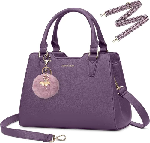 Miniatura 10 de IGOLUMON Bolso de mujer con asa superior de cuero vegano sintético Satchel Monedero para mujer Bolso de mano de diseñador con lindo pompón
