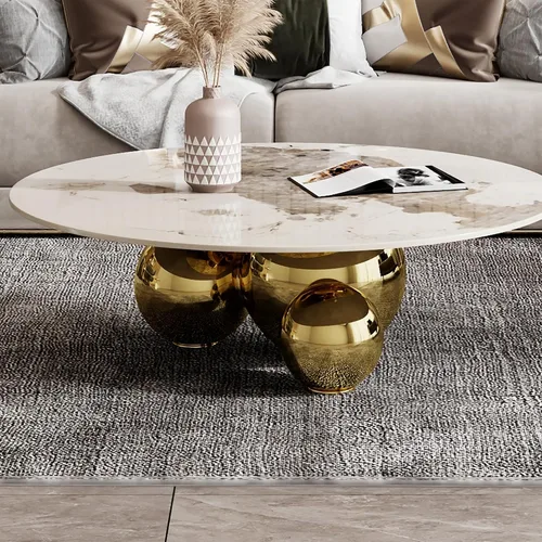 Miniatura 6 de Mesa de centro redonda moderna de mármol, parte superior de aspecto de mármol de 39.4 pulgadas con base de bola dorada, mesa central para sala