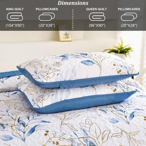 Miniatura 6 de Anibedding Juego de edredón azul tamaño King, 3 piezas reversible, elegante patrón de hojas botánicas azules, colcha de microfibra suave para toda