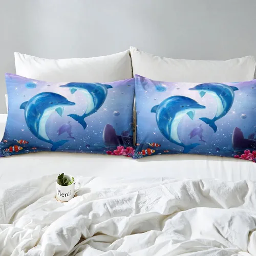 Miniatura 3 de Edredón de plumón de delfín para niños, juego de edredón del mundo submarino, juego de ropa de cama coral de peces dorados, tamaño individual