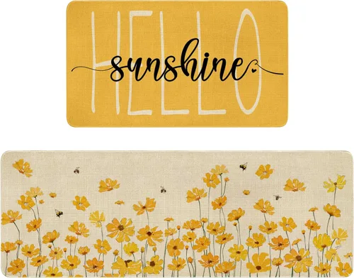 Juego de 2 alfombras y tapetes de cocina de granja de primavera y verano, diseño floral de Hello Sunshine, antideslizante, lavable, para el