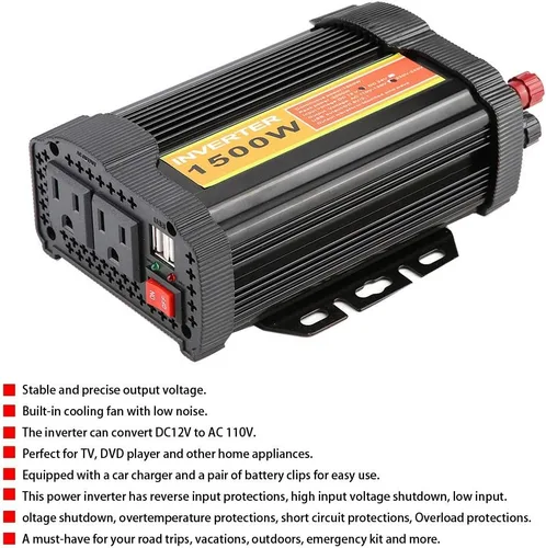 Miniatura 4 de Qiilu Inversor de corriente para automóvil de 1500 W, 12 V CC a 110 V CA, 1500 W, compatible con automóvil, negro, 1 paquete