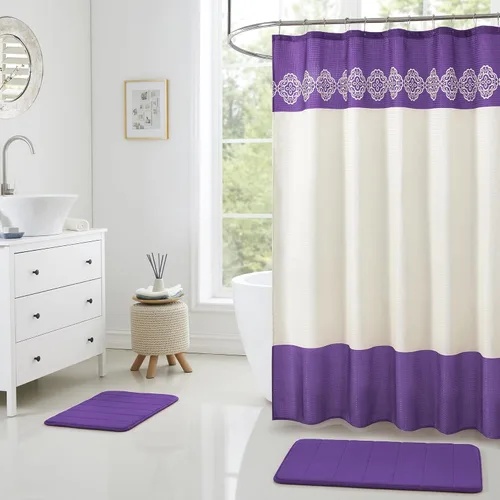 Miniatura 16 de Juego de cortina de ducha de baño de 15 piezas con alfombras de baño de espuma viscoelástica. 2 tapetes de baño antideslizantes de diseño moderno