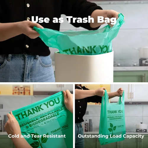 Miniatura 6 de FMP Brands Bolsas de plástico biodegradables ecológicas – 100 unidades con asas, bolsas de compras para camisetas de agradecimiento a granel