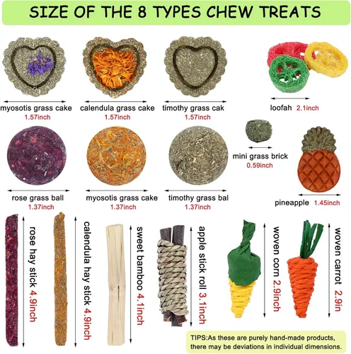 Miniatura 2 de VESPRO Juguetes para conejos, 21 piezas de juguetes masticables para conejos para dientes, golosinas naturales para conejillos de indias, palitos