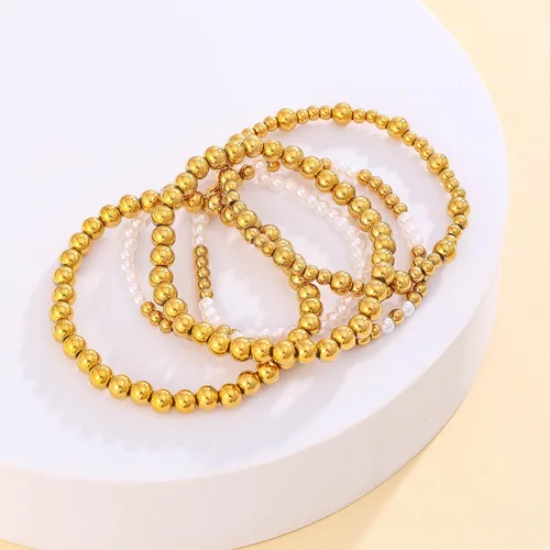 Miniatura 4 de KIWISE Pulseras de cuentas de oro para mujer, chapado en oro de 18 quilates, apilables, elásticas, juego de pulseras de bolas de cuentas, regalos
