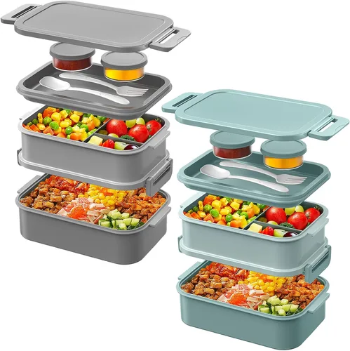 Miniatura 7 de DaCool Lonchera Bento para adultos, caja Bento de 74 onzas, contenedor apilable todo en uno para adultos, caja Bento grande con tenedor, cuchara