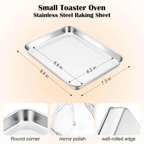 Miniatura 2 de E-far Mini bandeja para horno tostador, bandeja para hornear galletas de acero inoxidable de 9.4 x 7.3 pulgadas, bandeja pequeña de metal no tóxico
