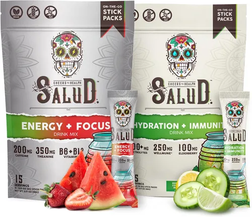 Salud - Paquete de 2 | Energía 2 en 1 + Enfoque (sandía fresa) e hidratación + inmunidad (lima de pepino) – 15 porciones cada una, mezcla de bebida