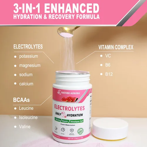 Miniatura 5 de Electrolitos en polvo sin azúcar, polvo de electrolito de sandía fresca, polvo de hidratación, mejorado con sal del Himalaya, BCAA y vitaminas B