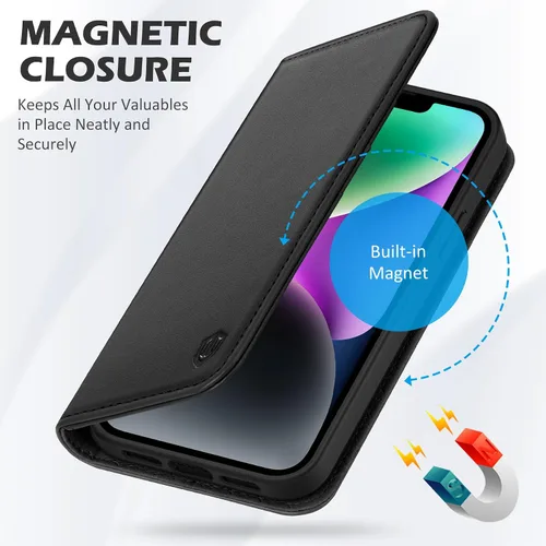 Miniatura 7 de SHIELDON Funda para iPhone 14 de 6.1", Funda tipo cartera de cuero genuino [Cierre magnético] [Ranuras para tarjetas con bloqueo RFID] [Soporte]
