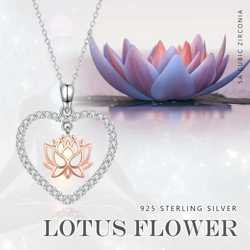 Miniatura 5 de CRWENG Collares de loto para mujer, plata de ley 925, collar con colgante de corazón floral de loto, joyería de circonita cúbica natural, regalos
