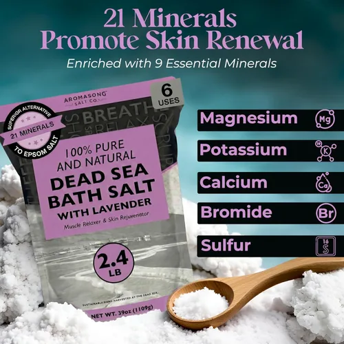 Miniatura 3 de Aromasong Sal pura del mar muerto para remojar con lavanda 100% natural, 2.43 libras, sal de baño de spa de grano fino, exfoliante de lavado
