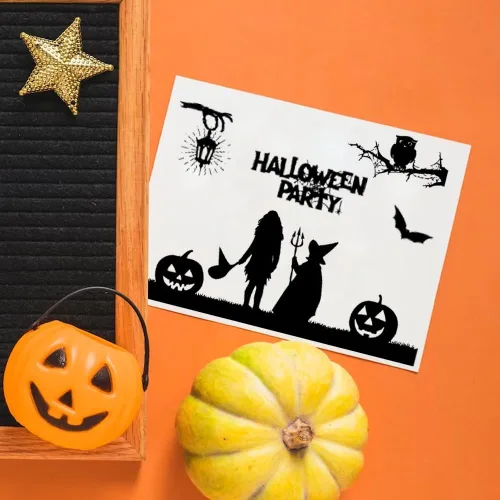 Miniatura 4 de Threetols Marco de Halloween sellos transparentes para hacer tarjetas, palabras de bruja fantasma, sello de goma transparente, para árbol, calabaza