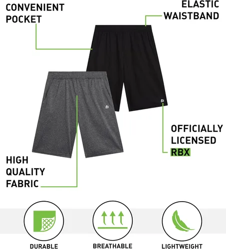 Miniatura 2 de RBX Pantalones cortos deportivos para niños, paquete de 2 pantalones cortos transpirables de poliéster con bolsillos, pantalones cortos activos