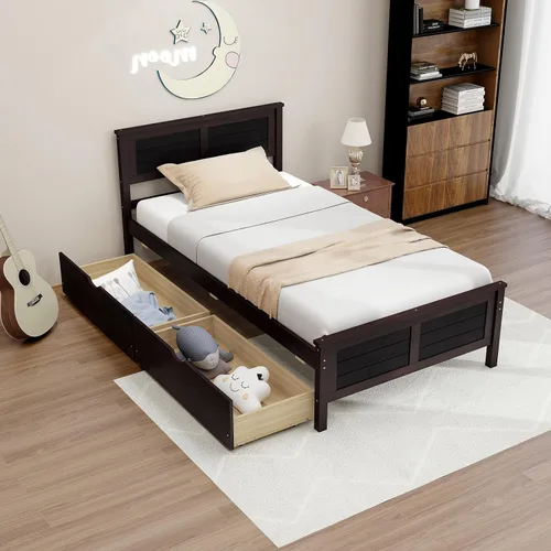 Miniatura 9 de Giantex Cama individual de madera con 2 cajones de almacenamiento, plataforma de madera maciza con cabecero, base de colchón de soporte de listones