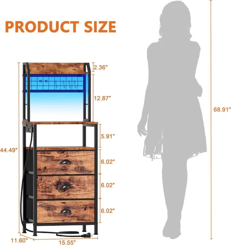 Miniatura 3 de Furologee Mesita de noche de 44'' de alto con estación de carga, mesita de noche con luces LED, mesa auxiliar con 3 cajones y estantes