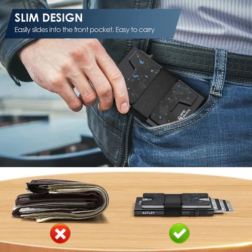Miniatura 24 de AUTLEY Portatarjetas delgado, billetera minimalista desplegable para hombres, con bloqueo RFID y banda para efectivo (negro)
