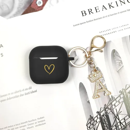 Miniatura 5 de Compatible con AirPods 4 Cover 2024, funda de silicona suave con patrón de corazón dorado para 4ª generación, llavero de letra A-Z con diamantes