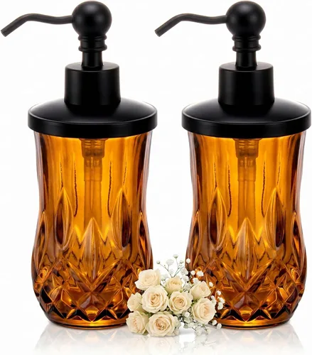 Miniatura 10 de Dispensador de jabón de vidrio ámbar de 9 onzas con bomba de aleación de zinc negro mate, vidrio de corte grueso sin plomo, dispensadores de jabón