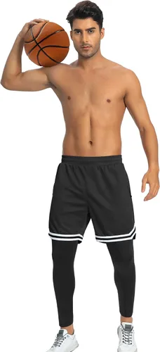 Miniatura 4 de SILKWORLD Pantalones de correr 2 en 1 para hombre, pantalones deportivos de compresión, leggings de entrenamiento con bolsillos con cremallera