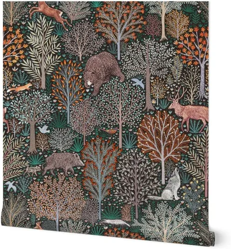 Spoonflower Papel tapiz para despegar y pegar, diseño de animales del bosque del bosque, hojas de otoño, ciervos, árboles rústicos, papel tapiz