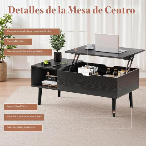 Miniatura 6 de OLIXIS Mesa de Centro de Café de Madera con Tapa Elevable con Compartimento Oculto y Estante de Almacenamiento Grande, Mesa de Comedor Central