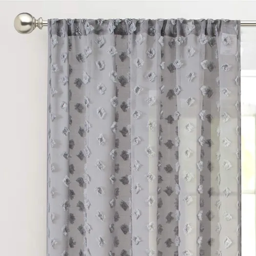 DriftAway Olivia - Cortinas transparentes de gasa gris de vellón bordado para ventana con pompones, 2 paneles con pliegue para barra de 52 pulgadas