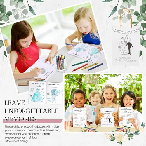 Miniatura 7 de Gueevin 48 piezas de actividades de boda para niños, libros para colorear empaquetados individualmente, libros para colorear de boda, bolsas