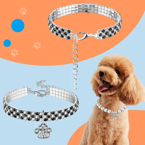 Miniatura 5 de Juego de 4 collares de perlas de diamantes de imitación para perro y gato, correa ajustable para el cuello con diamantes de imitación de cristal