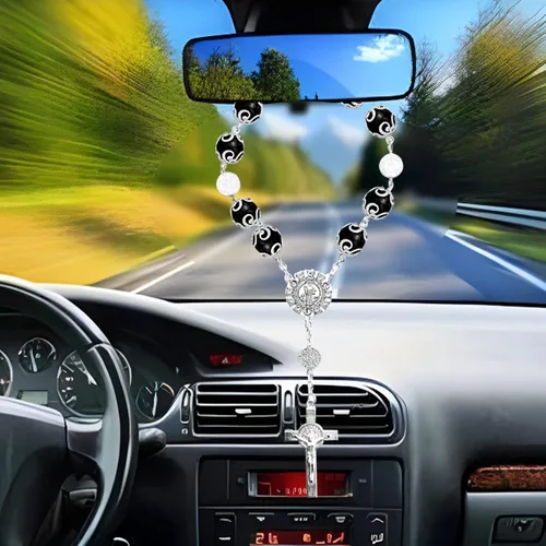 Miniatura 4 de 2 accesorios para colgar en el espejo del automóvil, rosario de automóvil con rosario de bendición de cruz, cuentas católicas para mujeres