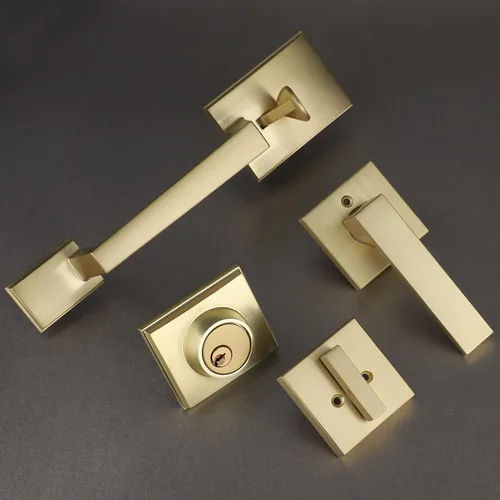 Miniatura 4 de EHOMEWARE - Juego de manijas de puerta delantera doble de latón, manija de puerta de latón cuadrado resistente en oro y cerradura de un solo