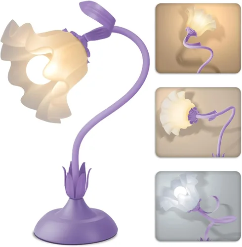 Miniatura 9 de Lámparas de mesita de noche para mujer, para dormitorio, bonita lámpara de escritorio de flores con cuello de cisne flexible ajustable, lámpara