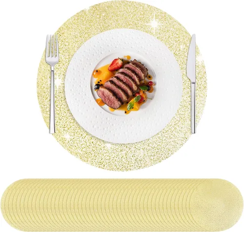 Miniatura 15 de Hysenm Juego de 100 manteles individuales desechables dorados metálicos redondos de 13 pulgadas de malla prensada, tapetes desechables ultrafinos