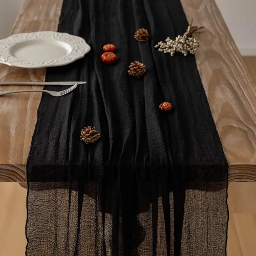 Miniatura 2 de Keketoarrange - Camino de mesa de gasa traslúcida negra rústica de algodón de alta calidad, camino de mesa de 120 pulgadas y 10 pies para decoración