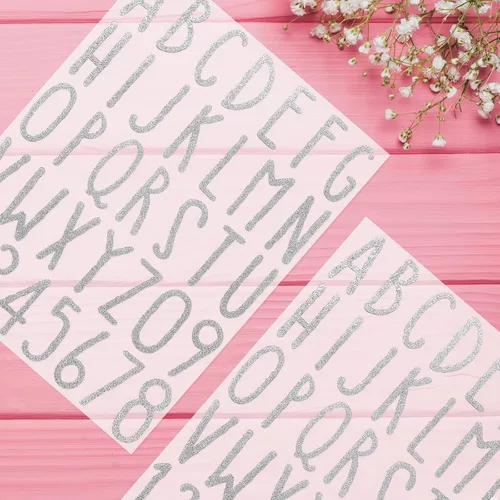 Miniatura 6 de Calcomanías de letras del alfabeto con purpurina, 360 piezas, 10 hojas de letras autoadhesivas (plateado, 2 pulgadas)