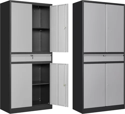 Miniatura 26 de Gabinete de almacenamiento de metal para garaje, armario de almacenamiento con cerradura de 71 pulgadas con 2 estantes ajustables y 1 cajón