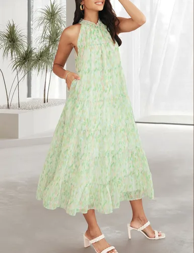 Miniatura 3 de HAEOF Women's 2023 Summer Maxi Dress Casual Floral Tiered Flowy Long Sundress Halter Sleeveless Boho Beach Dresses