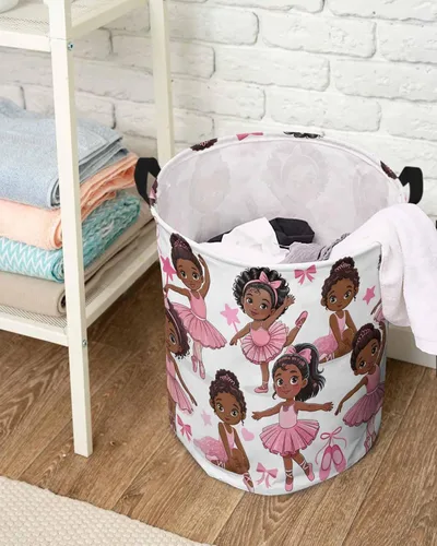 Miniatura 8 de Cesta de lavandería africana negra para bailar ballet, impermeable, plegable, falda rosa, lazo de estrella, bolsa de almacenamiento grande