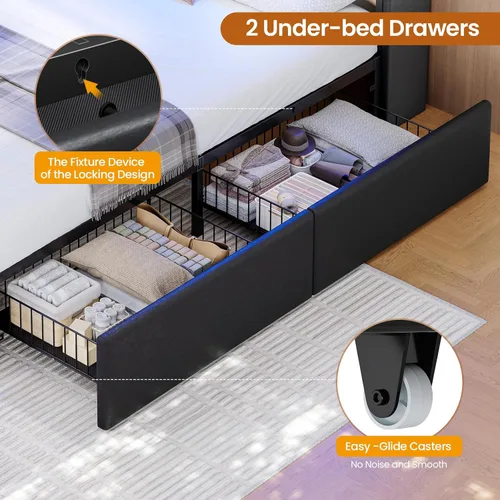 Miniatura 6 de DICTAC Estructuras de Cama Gemela con Cabecera de Almacenamiento y 2 Cajones Grandes, Cama Gaming con Luces RGB y Estación de Carga, Cama