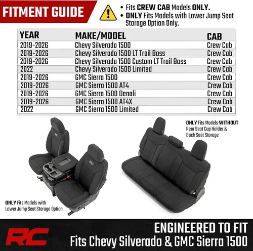 Miniatura 4 de Cubiertas de asiento de neopreno Rough Country para Chevy Silverado y GMC Sierra 1500 (2019-2026) sin almacenamiento trasero ni portavasos