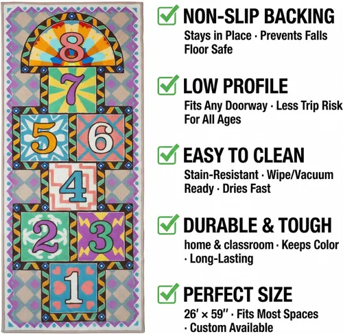 Miniatura 7 de Hopscotch - Alfombra para niños, para dormitorio y sala de juegos, alfombra para aula, 26 x 59 pulgadas, alfombra de juego lavable con respaldo